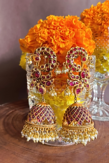 Gold Finish Semi-Precious Ruby Stone & Kundan Polki Jhumka Earrings