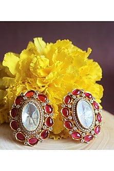 Gold Finish Semi-Precious Ruby Stone & Kundan Polki Stud Earrings