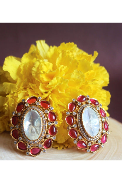 Gold Finish Semi-Precious Ruby Stone & Kundan Polki Stud Earrings