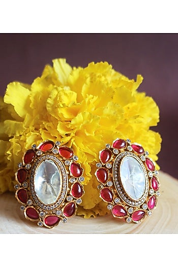 Gold Finish Semi-Precious Ruby Stone & Kundan Polki Stud Earrings