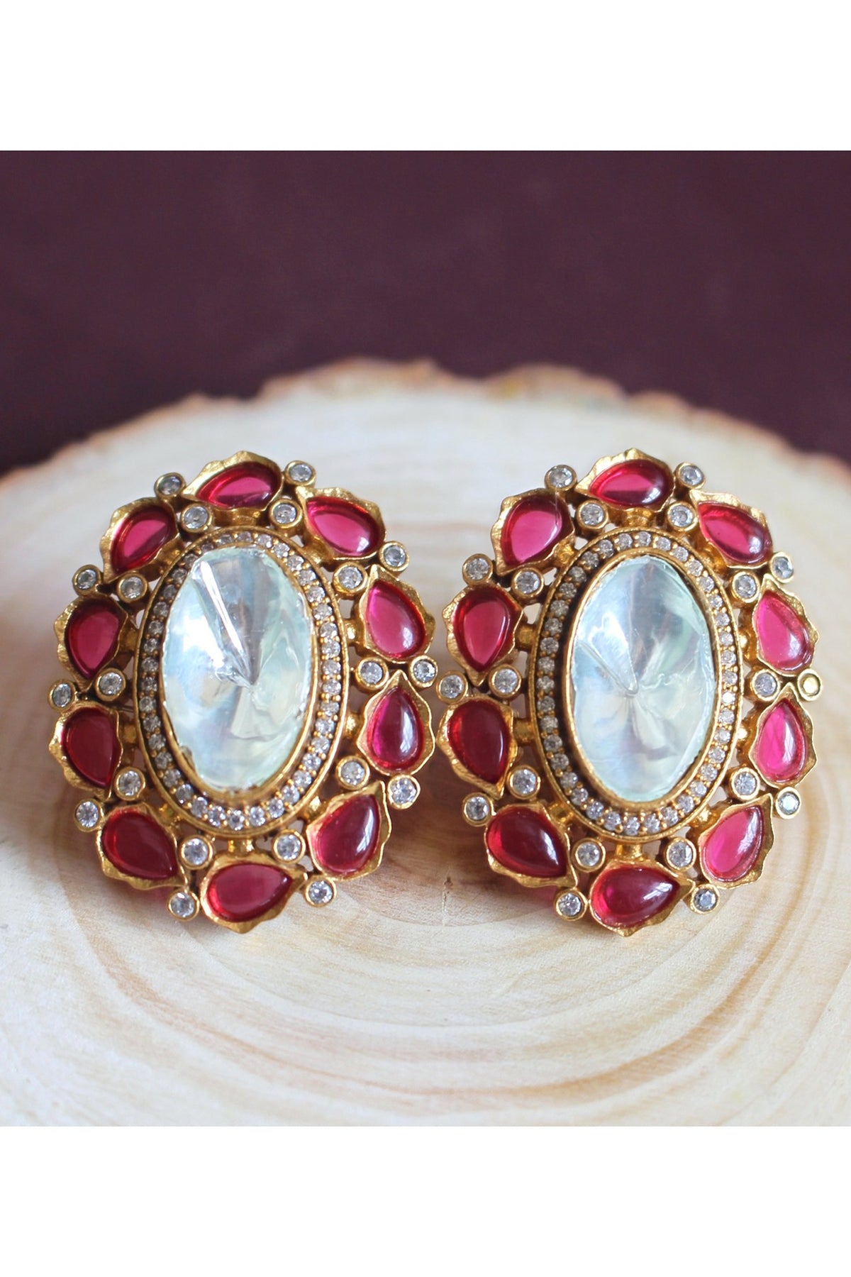 Gold Finish Semi-Precious Ruby Stone & Kundan Polki Stud Earrings