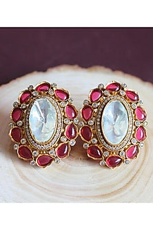 Gold Finish Semi-Precious Ruby Stone & Kundan Polki Stud Earrings
