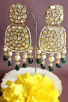 Gold Finish Kundan Polki & Pearl Dangler Earrings