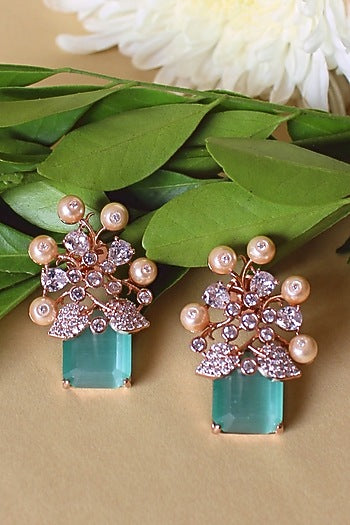 Rose Gold Finish Emerald & Pearl Stud Earrings