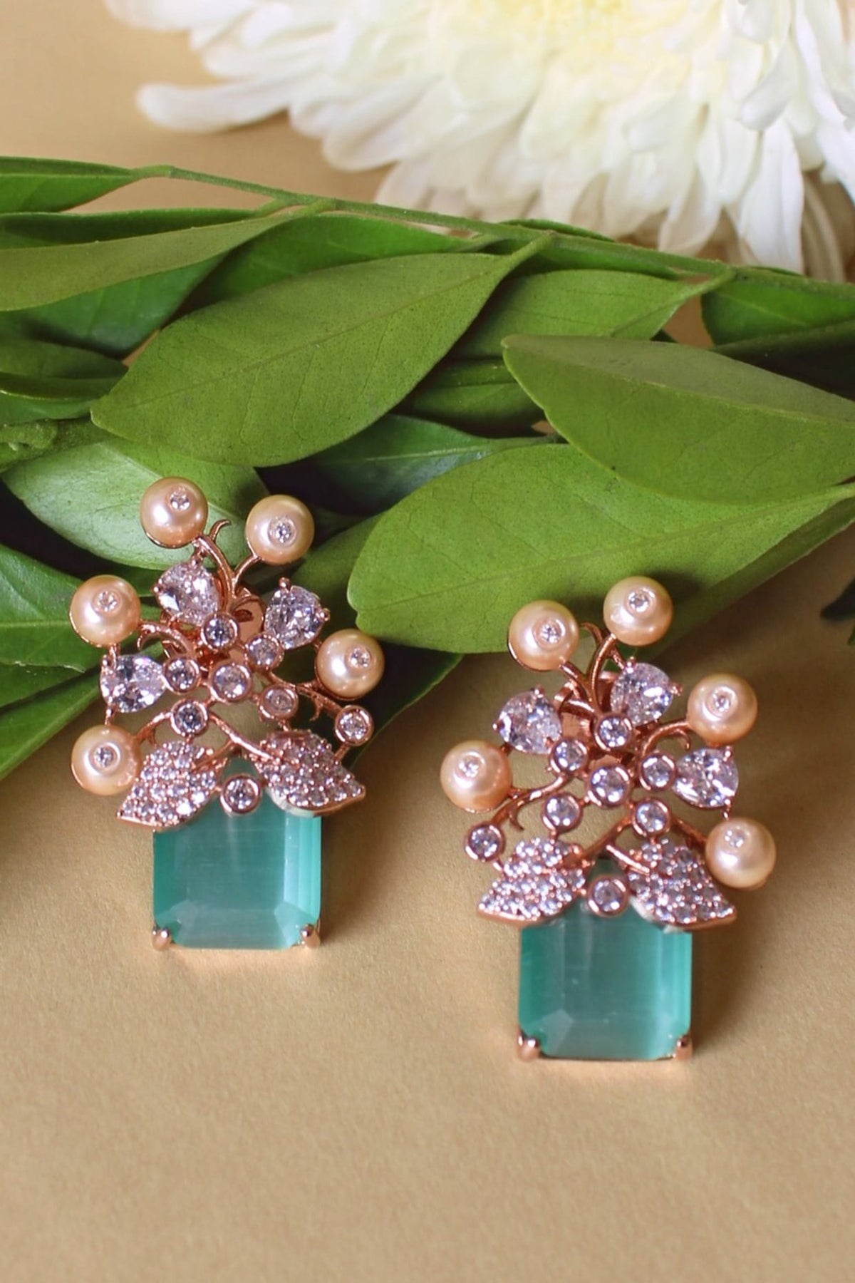 Rose Gold Finish Emerald & Pearl Stud Earrings
