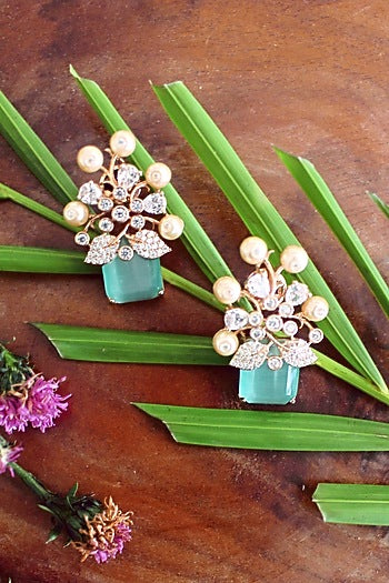 Rose Gold Finish Emerald & Pearl Stud Earrings