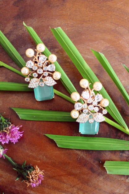 Rose Gold Finish Emerald & Pearl Stud Earrings