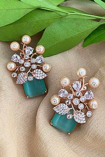 Rose Gold Finish Emerald & Pearl Stud Earrings