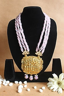 Gold Finish Grey & Pink Beaded Temple Long Necklace