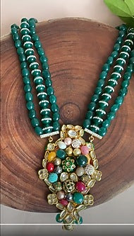 Gold Finish Emerald Beaded Temple Long Necklace