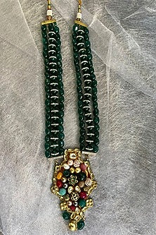 Gold Finish Emerald Beaded Temple Long Necklace