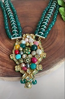 Gold Finish Emerald Beaded Temple Long Necklace