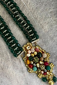 Gold Finish Emerald Beaded Temple Long Necklace