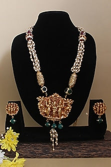 Gold Finish Pearl & Rajput Beaded Temple Long Necklace