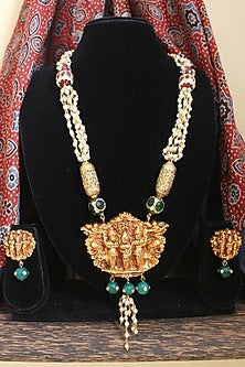 Gold Finish Pearl & Rajput Beaded Temple Long Necklace