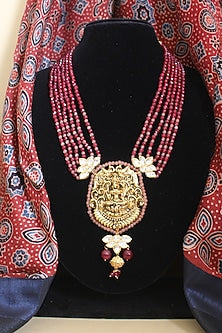 Gold Finish Maroon Beaded & Jadau Temple Long Necklace