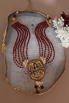Gold Finish Maroon Beaded & Jadau Temple Long Necklace