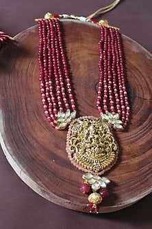 Gold Finish Maroon Beaded & Jadau Temple Long Necklace