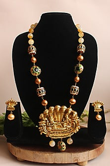 Gold Finish Handcrafted Beaded Temple Long Necklace