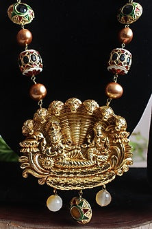 Gold Finish Handcrafted Beaded Temple Long Necklace