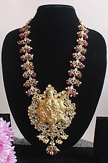 Gold Finish Red Semi-Precious Beaded Temple Long Necklace