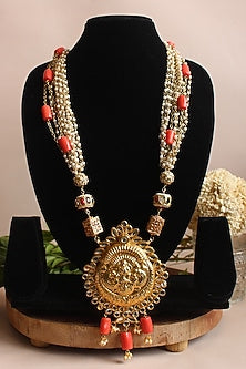 Gold Finish Coral Beaded & Jadau Temple Long Necklace
