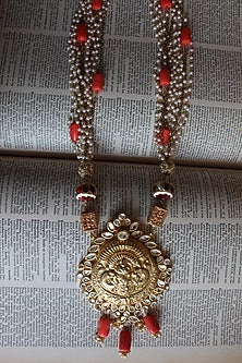 Gold Finish Coral Beaded & Jadau Temple Long Necklace