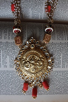 Gold Finish Coral Beaded & Jadau Temple Long Necklace