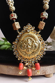 Gold Finish Coral Beaded & Jadau Temple Long Necklace