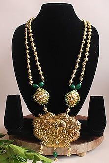 Gold Finish Beaded & Jadau Temple Long Necklace