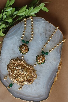 Gold Finish Beaded & Jadau Temple Long Necklace