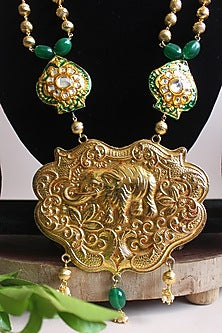 Gold Finish Beaded & Jadau Temple Long Necklace