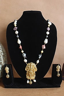 Gold Finish Pearl & Baroque Temple Long Necklace