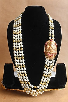 Gold Finish Beaded & Pearl Temple Long Necklace