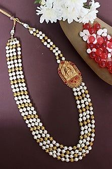 Gold Finish Beaded & Pearl Temple Long Necklace
