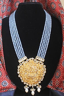 Gold Finish Grey Aquamarine Beaded & Jadau Temple Long Necklace