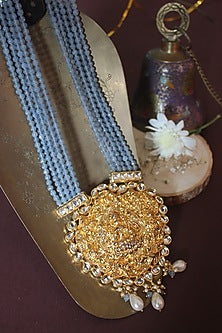 Gold Finish Grey Aquamarine Beaded & Jadau Temple Long Necklace