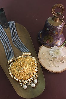 Gold Finish Grey Aquamarine Beaded & Jadau Temple Long Necklace