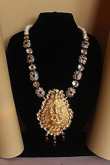 Gold Finish Beaded & Shell Pearl Temple Long Necklace