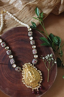 Gold Finish Beaded & Shell Pearl Temple Long Necklace