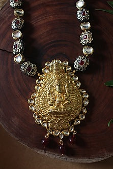 Gold Finish Beaded & Shell Pearl Temple Long Necklace