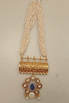Gold Finish Pearl & Jadau Agate Temple Long Necklace