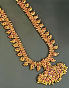 Gold Finish Stone Temple Long Necklace