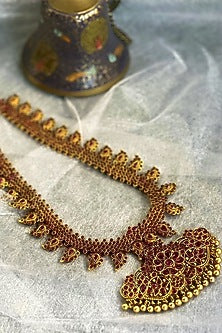 Gold Finish Stone Temple Long Necklace