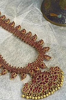 Gold Finish Stone Temple Long Necklace