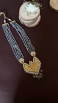 Gold Finish Grey Aquamarine Beaded & Jadau Temple Long Necklace