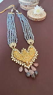Gold Finish Grey Aquamarine Beaded & Jadau Temple Long Necklace