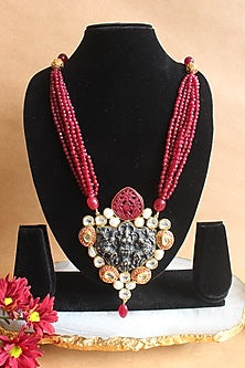 Gold Finish Red Beaded Temple Long Necklace