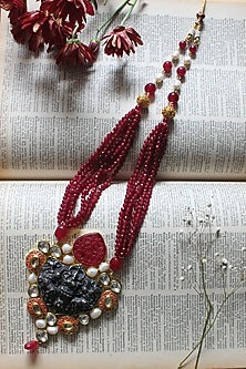 Gold Finish Red Beaded Temple Long Necklace