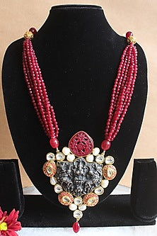 Gold Finish Red Beaded Temple Long Necklace